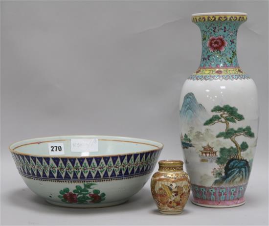 A Chinese famille rose bowl, a Chinese vase and a Satsuma vase